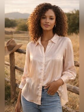 Anthropologie Silk Blend Shimmer Button Down Blouse Romantic Boho Size M